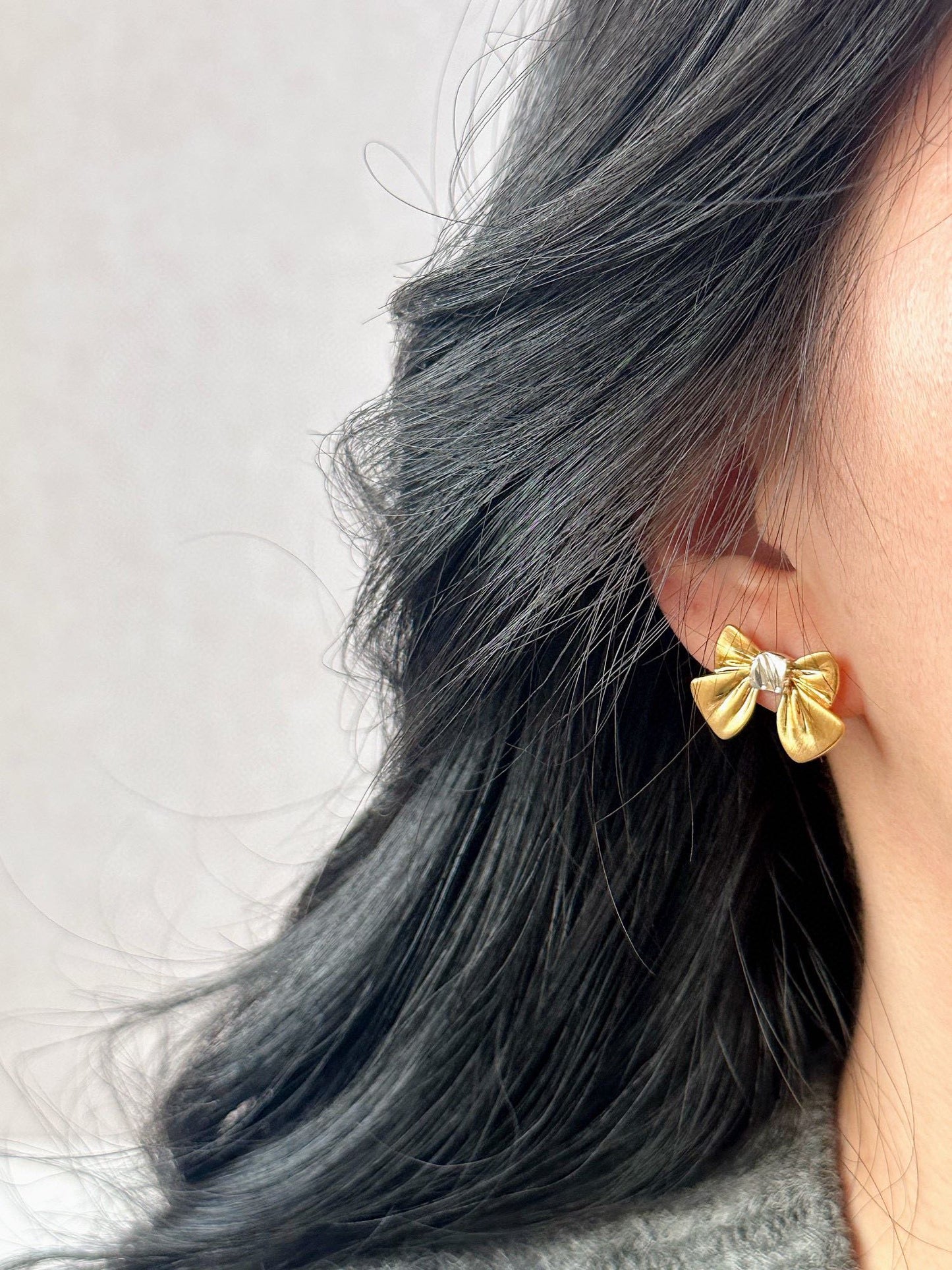 Contrast Color Metal Matte Bow Earrings | Elegant & Modern