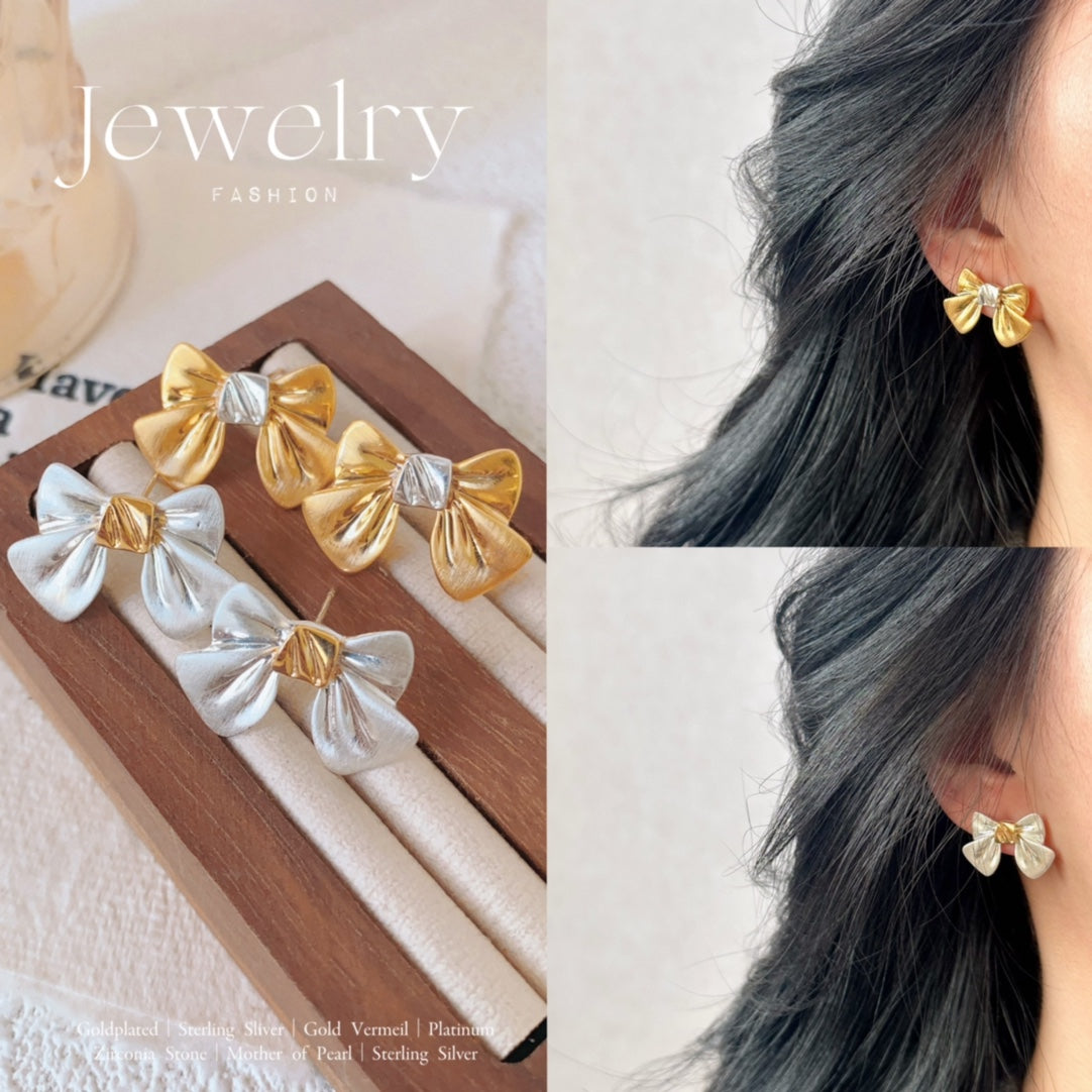 Contrast Color Metal Matte Bow Earrings | Elegant & Modern