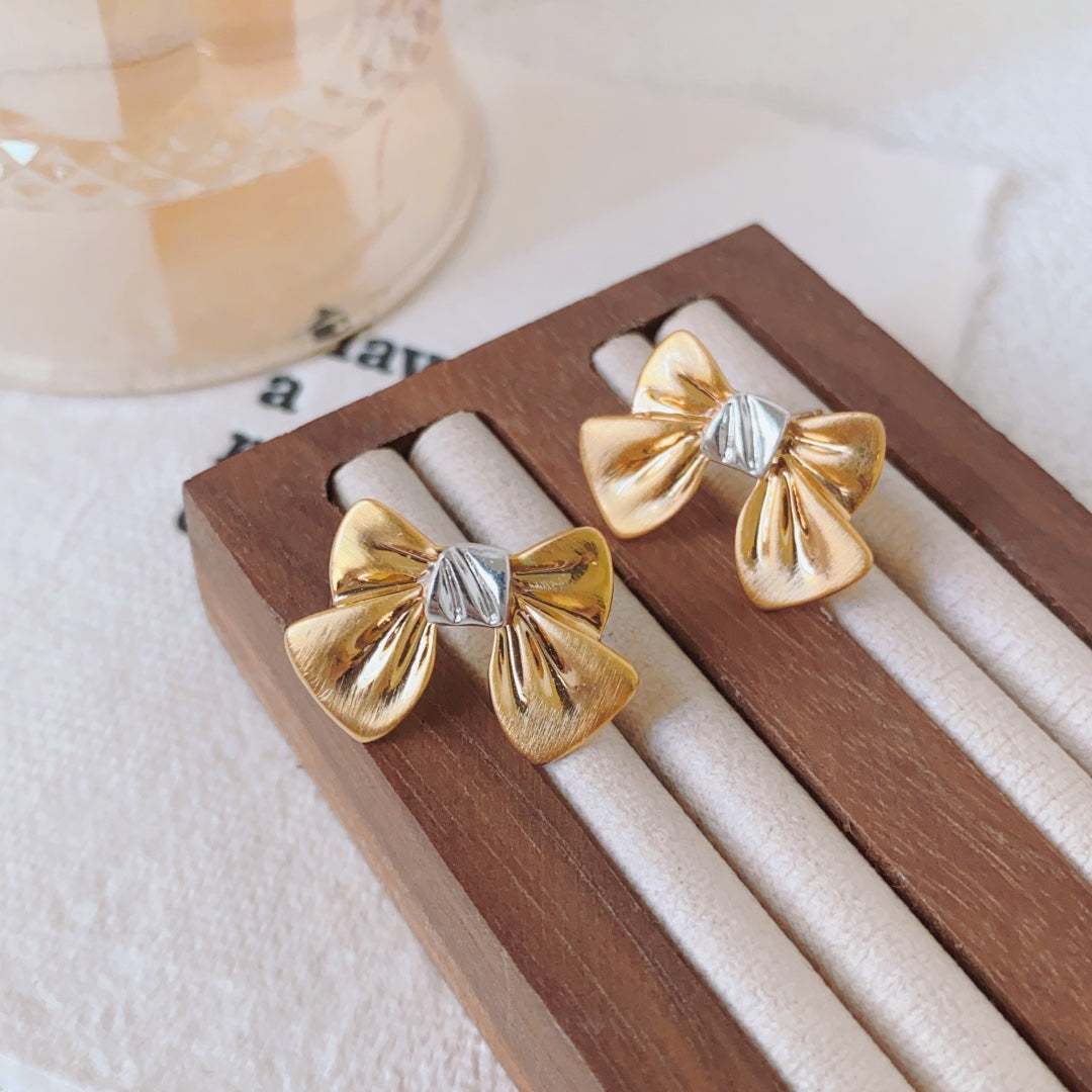 Contrast Color Metal Matte Bow Earrings | Elegant & Modern