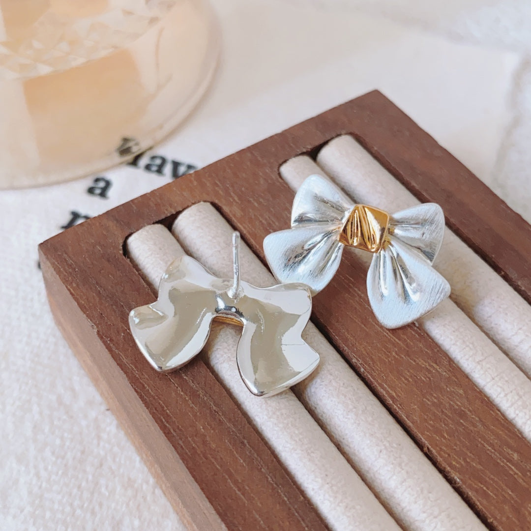 Contrast Color Metal Matte Bow Earrings | Elegant & Modern