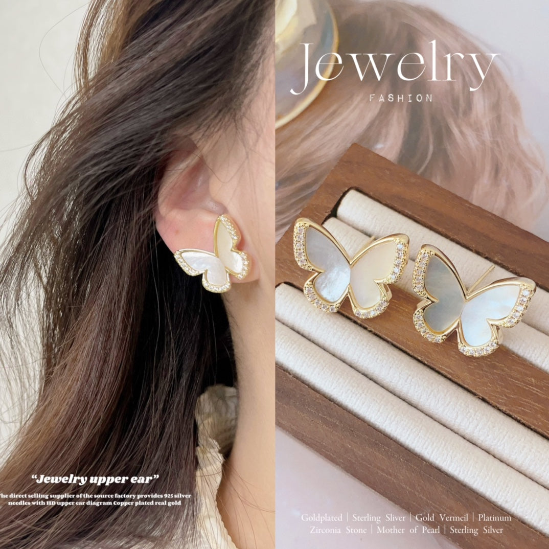 White Shell Butterfly Earrings with Zircon Inlays | Elegant & Sparkling