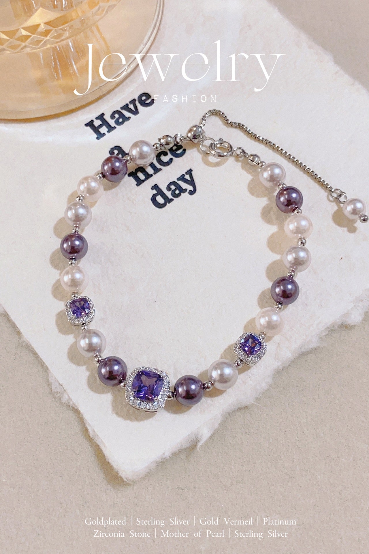 Purple Zircon Bracelet with Artificial Pearls | Elegant & Sophisticated