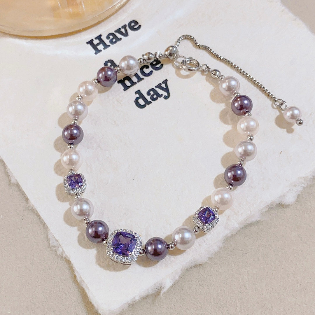 Purple Zircon Bracelet with Artificial Pearls | Elegant & Sophisticated