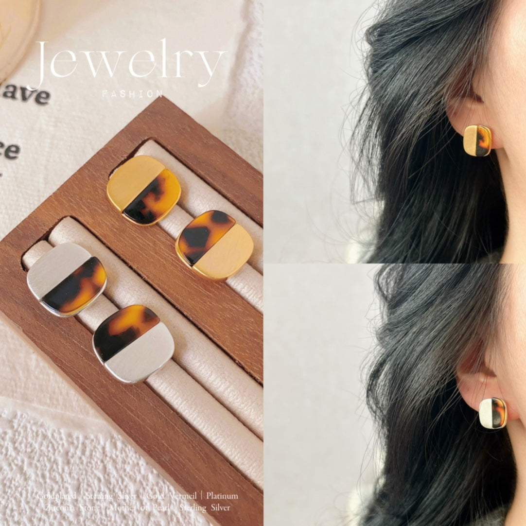 Contrast Color Metal Brushed Resin Amber Earrings | Bold & Modern