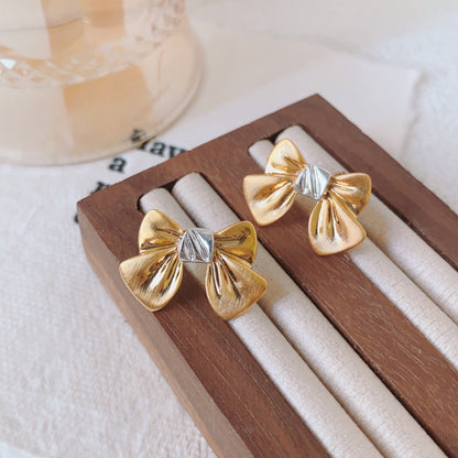 Contrast Color Metal Matte Bow Earrings | Elegant & Modern